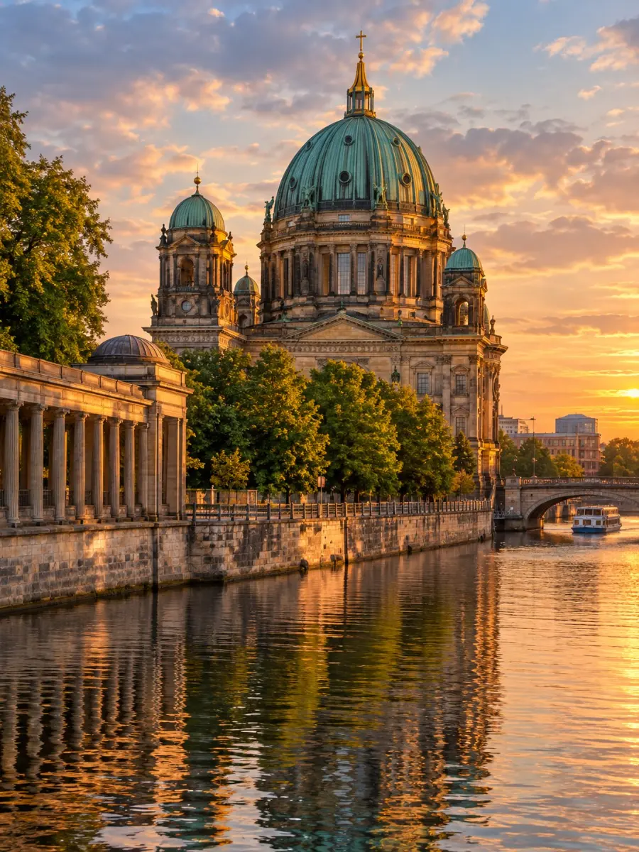 The dome of Berlin Cathedral above the Spree and the riverside of Museum Island in warm evening light